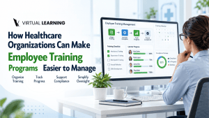 Healthcare training manager reviewing employee training programs progress on a laptop dashboard